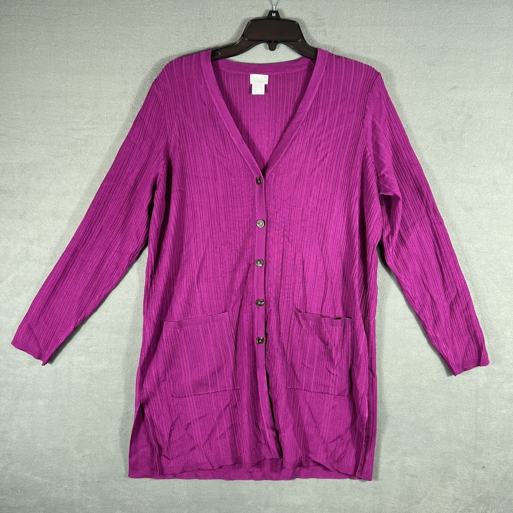 Chico's Ribbed Cardigan Sweater Women's Size 2 (US L) Magenta Purple V-Neck